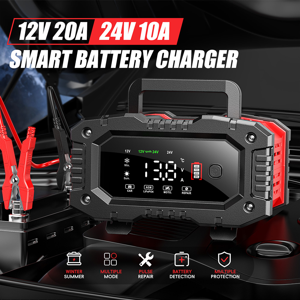 Smart Car Battery Charger 12V 24V 20A - شاحن بطارية ذكي FOXSUR 12V/20A 24V/10A