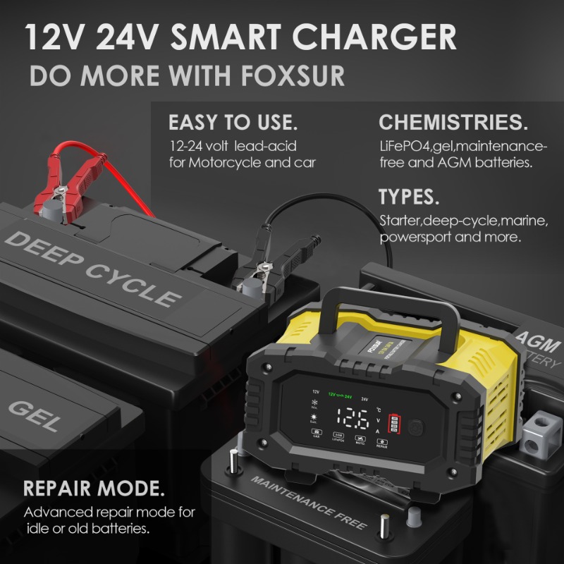 شاحن بطارية دراجة نارية FOXSUR - مراجعة Smart Car Battery Charger 12V 24V 20A وسعره