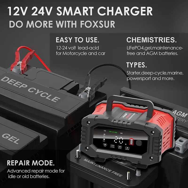 دراجة نارية للسيارة 20A/10A 12 - مراجعة Smart Car Battery Charger 12V 24V 20A وسعره